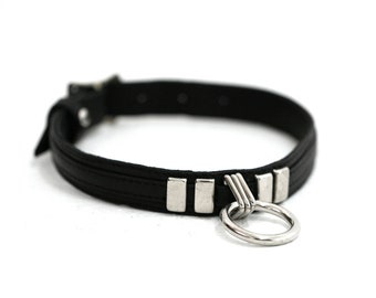 THIN LINE Metal O Ring Leather Choker Collar and Double Cuff