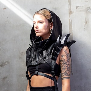 Sole Defender Futuristic Cyberpunk Leather Chest Plate with Hood and Shoulder Spikes