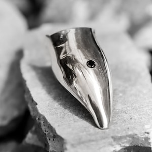 May include: A silver, pointed,  decorative object with a small black dot in the center. The object is sitting on a pile of gray rocks.
