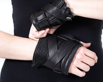 KROSS WRAP KOMBAT Black Fingerless Leather Gloves - Etsy