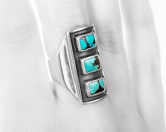 Turquoise Tower Sterling Silver Ring Mens or Womens - Boho Ring, Stone Ring, Sterling Silver ring, Statement Ring, Chunky Turquoise