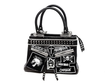 Love It or Leave It Patched Top Handle Black Leather Purse