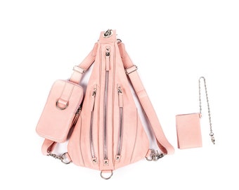 Dusty Rose Pink Tri Zipper Back Pack Convertible Sling Bag Shoulder Bag w/ Silver Hardware
