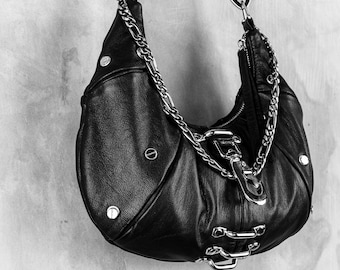 Metal on Metal Black Leather Purse with Chain, Convertible Crossbody Bag, Leather Hobo Bag, Goth Purse, Studded Leather Purse