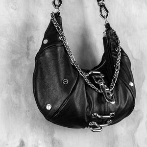 Metal on Metal Black Leather Purse with Chain, Convertible Crossbody Bag, Leather Hobo Bag, Goth Purse, Studded Leather Purse