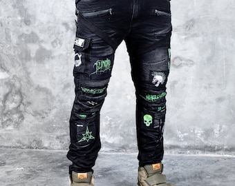 Art City 11 Digital Slime Green Jeans I Slim Fit I Cargo Pants I Punk Jeans I Punk Rock I Goth I Emo I Metal I Cyberpunk