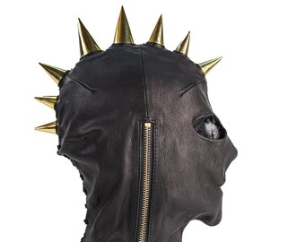 Gold Spike Mohawk Black Leather Face Mask I Halloween Mask I Halloween Costume I Masquerade Mask I Festival Mask I Fetish Mask I BDSM mask