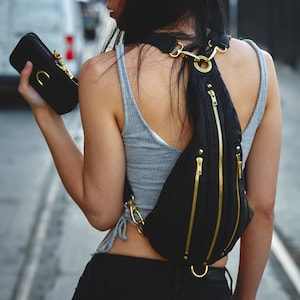 TRI ZIPPER Leather Hip Bag Backpack and Fanny Pack w/ Gold Hardware in Black Leather