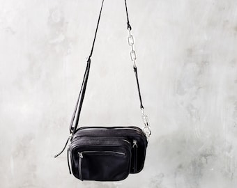 The Panic Bag - Convertible Black Leather Shoulder Bag w/ Heavy Duty Hardware and Chain