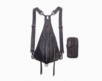 TRI ZIPPER Black Leather Backpack with Black Accessories/ Utility Pack and Hip Bag