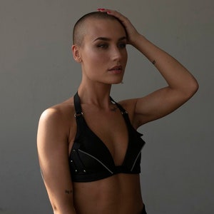NIGHT RIDER Black Leather Halter Top Bra