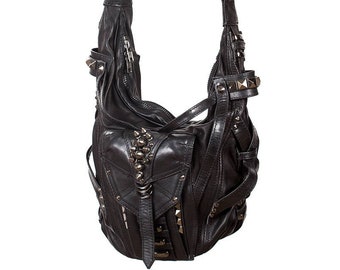 SHARK BITE Black Leather Convertible Bucket Hobo and Top Handle Bag