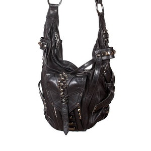 SHARK BITE Black Leather Convertible Bucket Hobo and Top Handle Bag