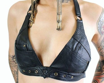 BILLY JEAN Leather Halter Top Bra with Skull Detailing and Secret Stash Pocket