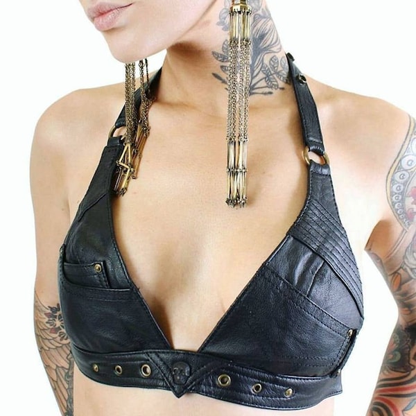 BILLY JEAN Leather Halter Top Bra with Skull Detailing and Secret Stash Pocket