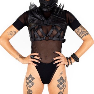 Nightmare Spike Projection Mid Leather Crop Top Shoulder Piece with Matte Black Spikes