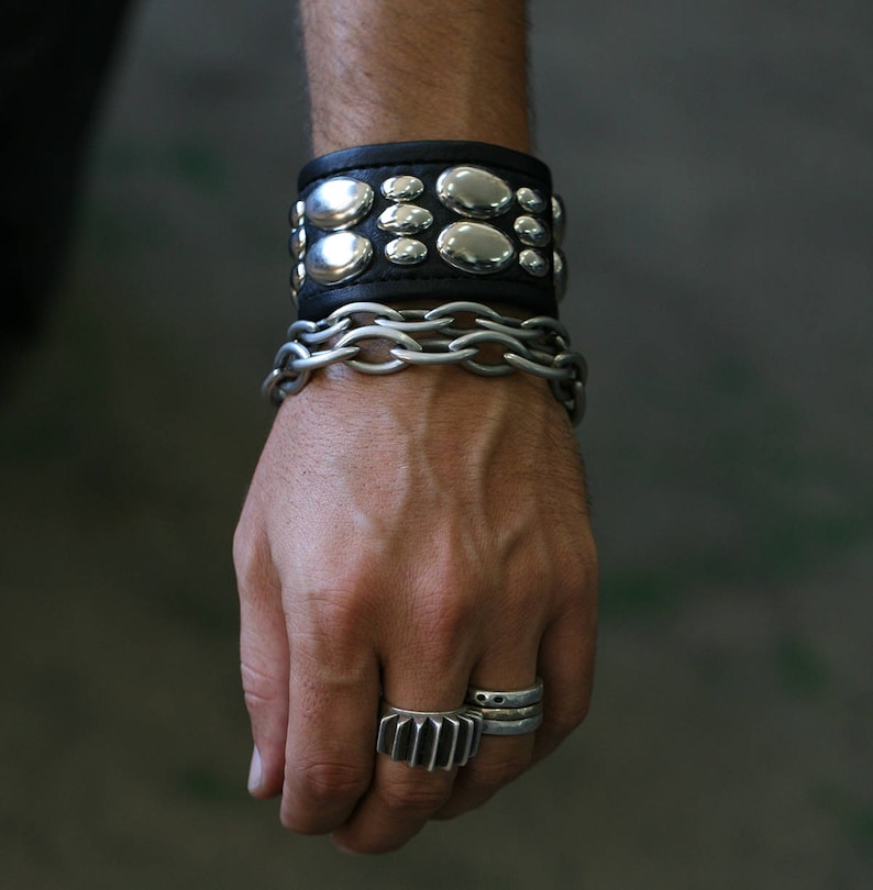 PRIMITIVE ORBS Leather Studded Punk Cuff Metal Bracelet image 1