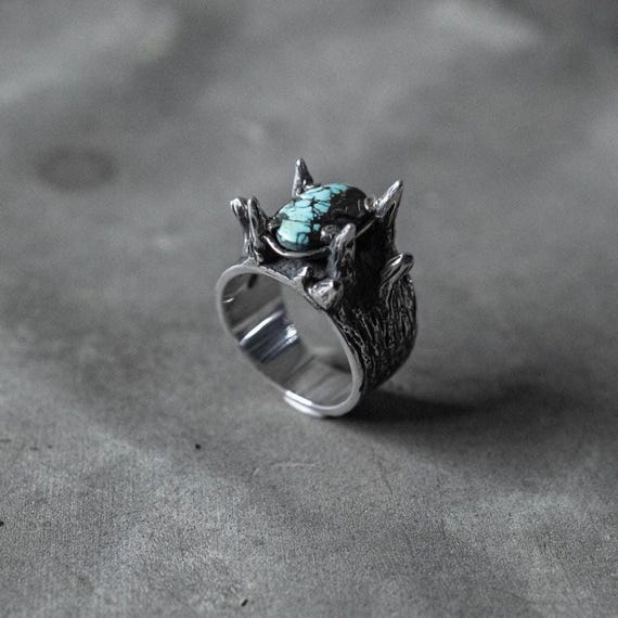 Crown of Spikes Natural Turquoise Gemstone Ring with Oxidized 925 Sterling Silver