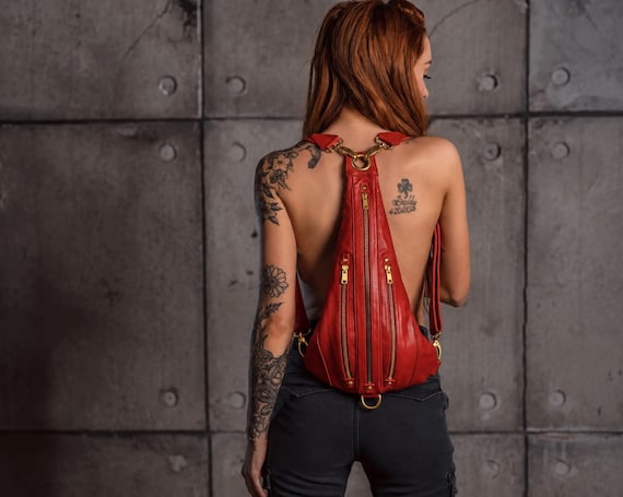 Red Leather Tri Zipper Backpack: Red Leather w/ Gold Metal Hardware