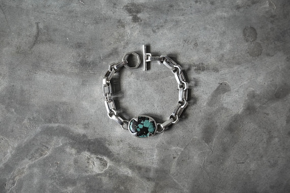 Turquoise and Chunky Silver Chain Bracelet featuring Real Oval Turquoise, Handcrafted Jewelry