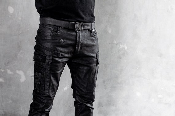 Tech11 Mens Wax Stretch Denim Jeans I Black on Black Cargo Pants I Techwear  Pants I Cyberpunk Pants I Streetwear Jeans I Futuristic Fashion 