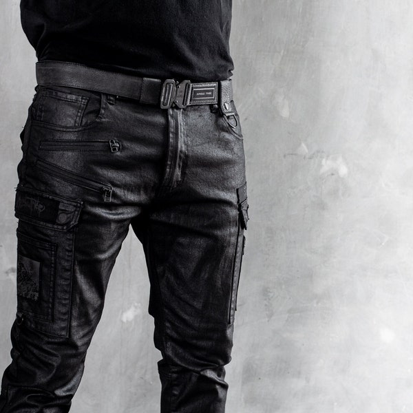 Tech11 Mens Wax Stretch Denim Jeans I Black on black Cargo Pants I Techwear Pants I Cyberpunk Pants I Streetwear Jeans I Futuristic Fashion