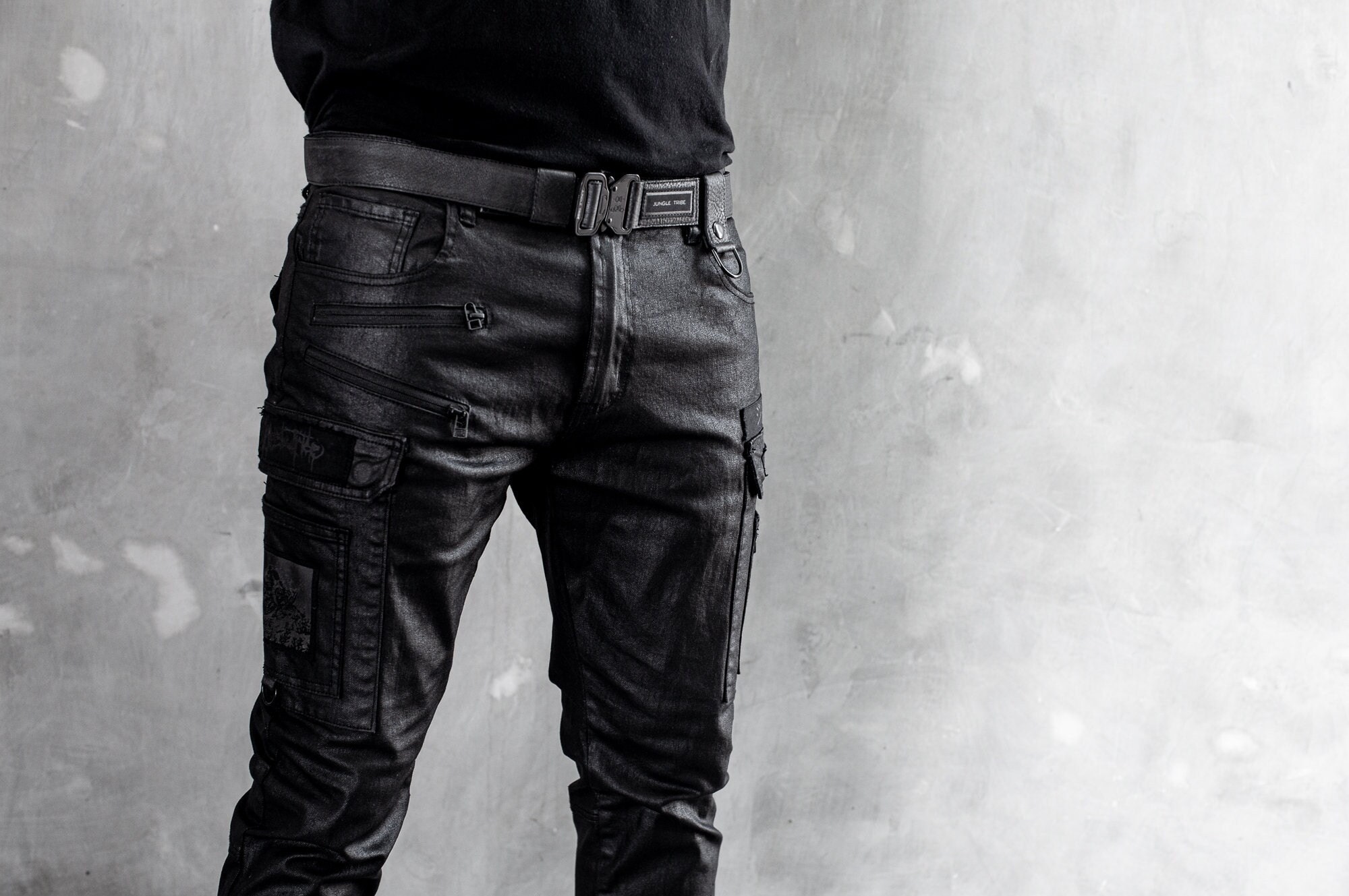 Tech11 Mens Wax Stretch Denim Jeans I Black on Black Cargo Pants I