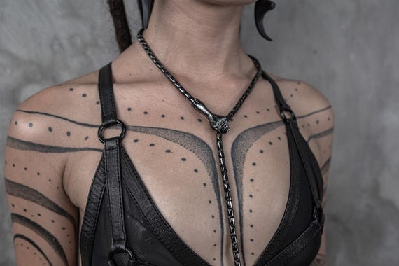 RAZORBACK SNAKE Black Gun Metal Lariat Bolo Chain Necklace Unisex for Men and Women