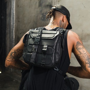 Tech8 Black Leather Backpack and Bag I Crossbody Bag I Leather Shoulder Bag I Techwear Bag I Tactical Bag I Techwear Accessories