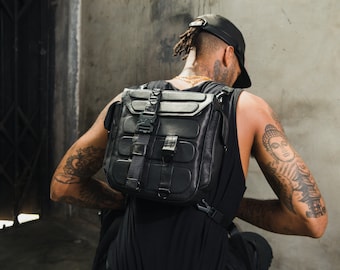 Tech8 Black Leather Backpack and Bag I Crossbody Bag I Leather Shoulder Bag I Techwear Bag I Tactical Bag I Techwear Accessories