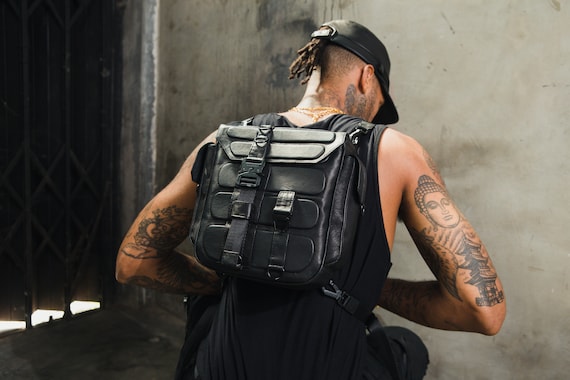 Tech8 Black Leather Backpack and Bag I Crossbody Bag I Leather Shoulder Bag I Techwear Bag I Tactical Bag I Techwear Accessories