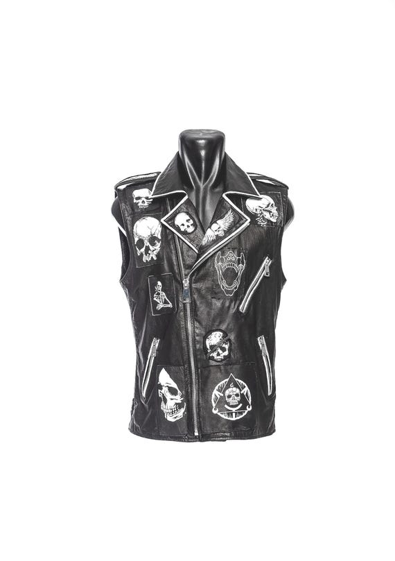 Black and White Punk Skull Leather Biker Vest
