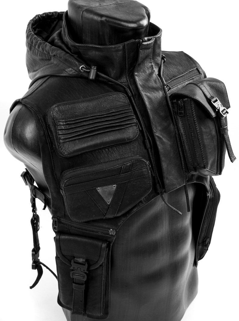 Tech9 Leather Hood With Shoulder Holsters | Tactical Techwear Pockets I ...