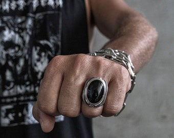 Onyx Chevron Silver Ring I Sterling Silver Mens Ring I Womens Ring I Black Onyx Ring I Mens Biker Ring