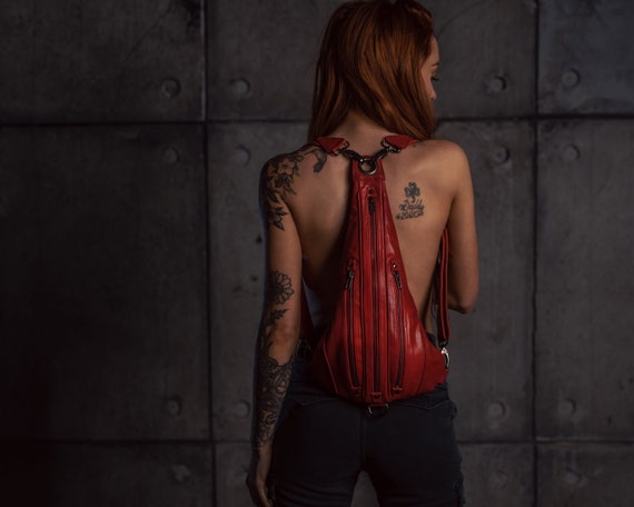Tri Zipper Backpack Fanny Pack and Hip Bag in Red Leather w/ Gun Metal Hardware