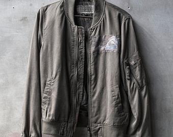 Mountain Tiger Tencel Bomber Jacket with Deconstructed Vintage Japanese Kimono Fabric and Upcycled Military Hardware and Fabric