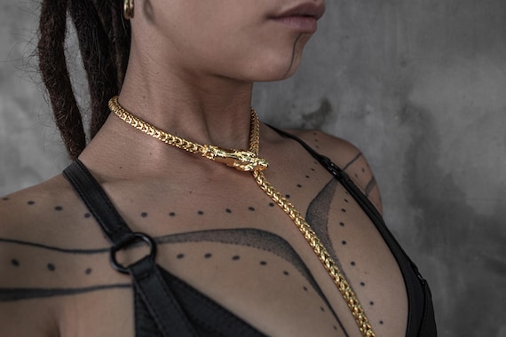 Dragon Scale Gold Plated Long Adjustable Unisex Lariat Chain Necklace
