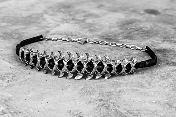 Spinal Core Silver and Black Leather Choker