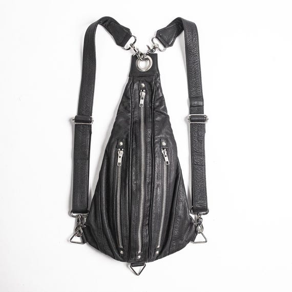 TRI ZIPPER Black Leather and Silver Backpack Utility Pack and Hip Bag