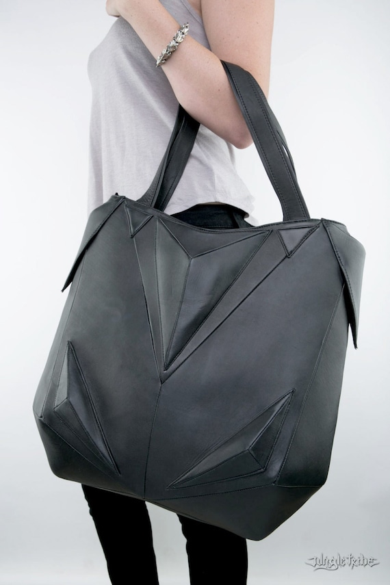 METRIC RAVEN Minimalist Big Black Hobo Tote Bag