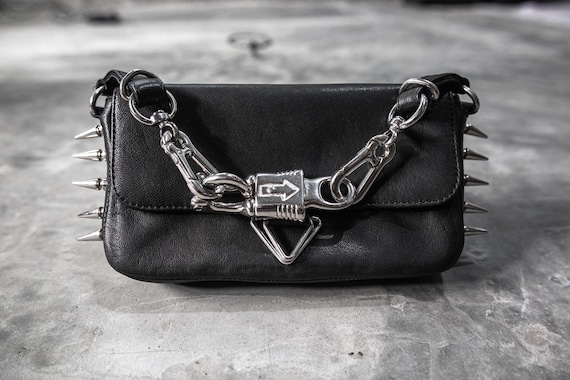 Spiked Black Leather Clutch Pouch wallet with Panic Snap metal hardware handle, Gift for Her,  Black Mini Purse Evening Bag Gothic Punk