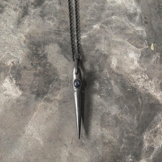 Sable Point Blue Sapphire Spike Pendant Necklace with Black Chain