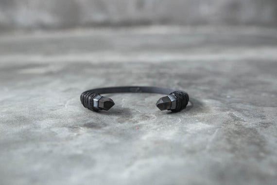 Dark Crystal Smokey Quartz Cuff Bracelet Bangle made with Matte Black Oxidized 925 Sterling Silver