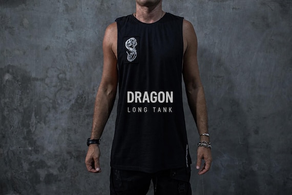 Dragon Longline Tank – with Barbed Wire Unisex Black Tank / Dark Streetwear Sleeveless Shirt / Punk Festival Clothing / Techwear Fashion