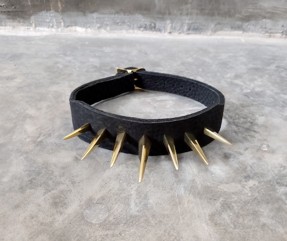 The Futurist Giant Spiked Leather Choker Available in Black, Silver or Brass