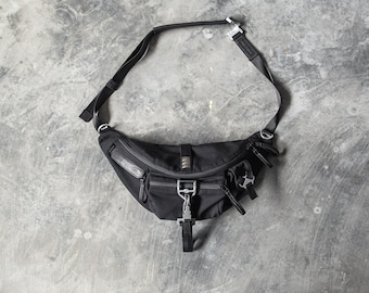 Shadowlock Fanny Pack, Black Canvas Belt Bag with Silver Hardware, Minimalist Utility Style, Adjustable Strap, Handmade Goth Accessory
