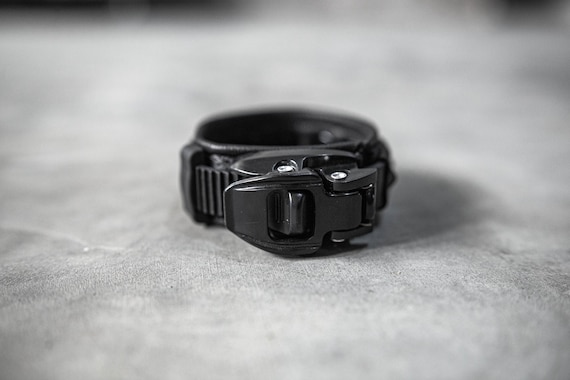 Studded Slope Style Black Leather Cuff Bracelet with Snowboard Binding Closure