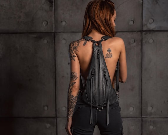 TRI ZIPPER Black Leather Backpack with Black Accessories / Utility Pack