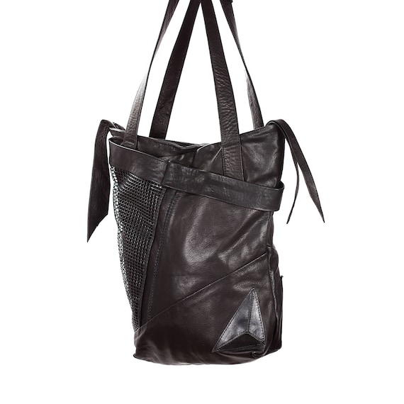 Kendo Tech Black Leather Bucket Bag Shoulder Purse