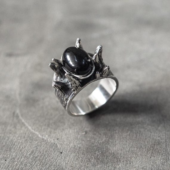 Onyx Crown Of Spikes Ring, Natural Black Onyx Gemstone, 925 Sterling Silver, Bold Textured Oxidized Band
